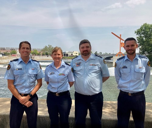 NSW SES Director of Operations, Capability and Training Assistant Commissioner Dean Storey ESM, Sapphire Coast Local Commander and In-Water Flood Rescue Operator Trainer Michelle De Friskbom, Senior Manager of Training Delivery Paul McQueen ESM, and Blacktown Unit In-Water Flood Rescue Operator Trainer Matthew Elliot in America.