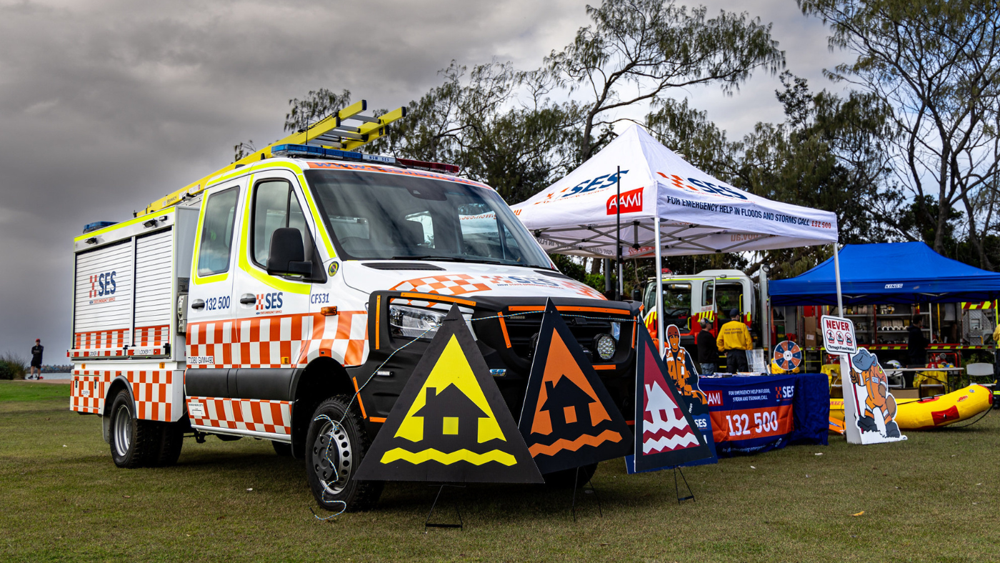 NSW SES event image with signs, marquee and truck