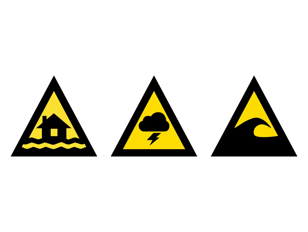 Australian Warning System advice yellow icons representing flood, storm and tsunami.