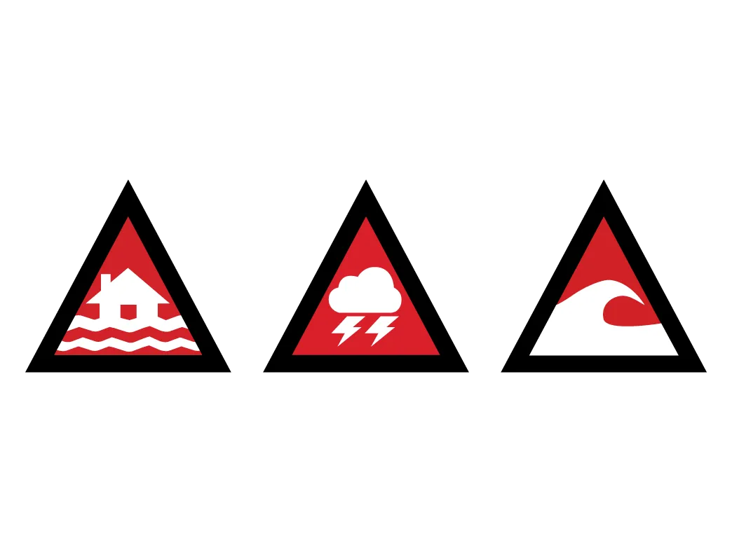 Australian Warning System emergency red icons representing flood, storm and tsunami.