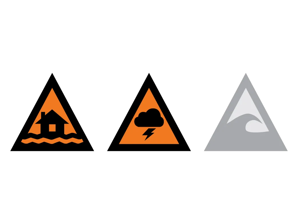 Australian Warning System watch and act orange icons representing flood and storm