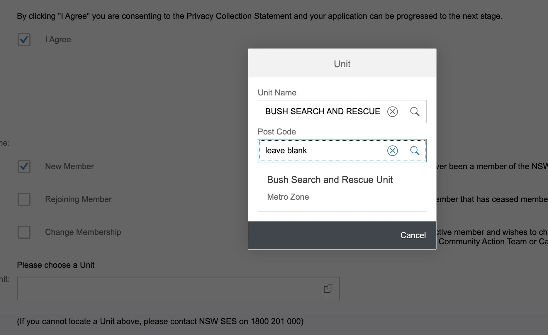 Screenshot of the Application step for Bush search and rescure operator