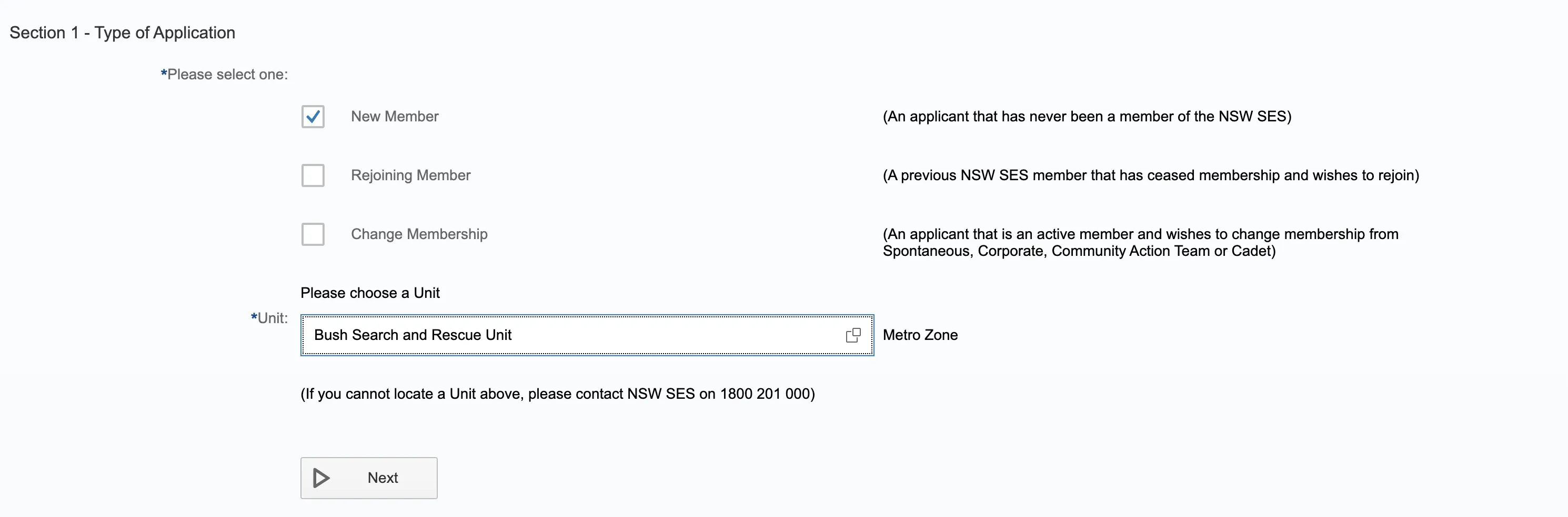 Screenshot of the Application step for Bush search and rescure operator