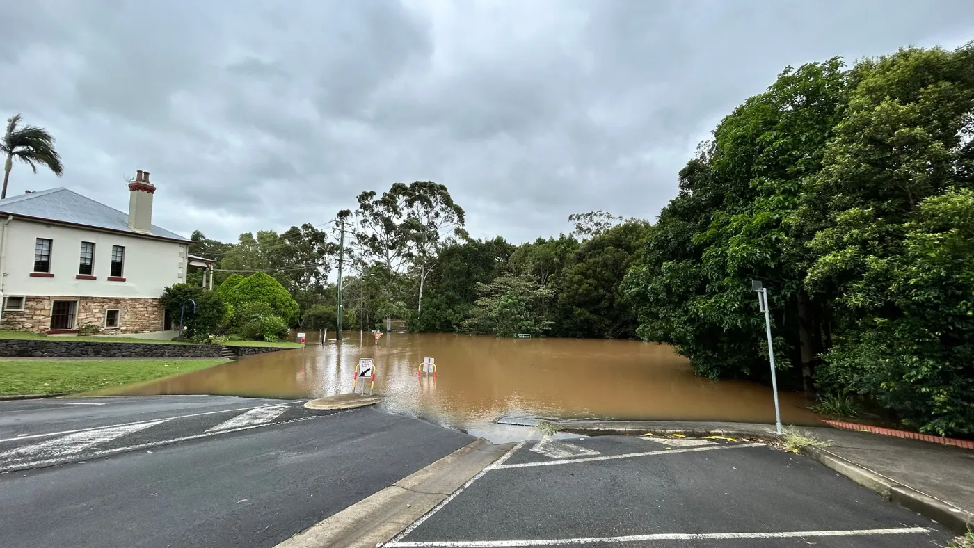 Brown Creek Levee Lismore water over the road 5 March 2025