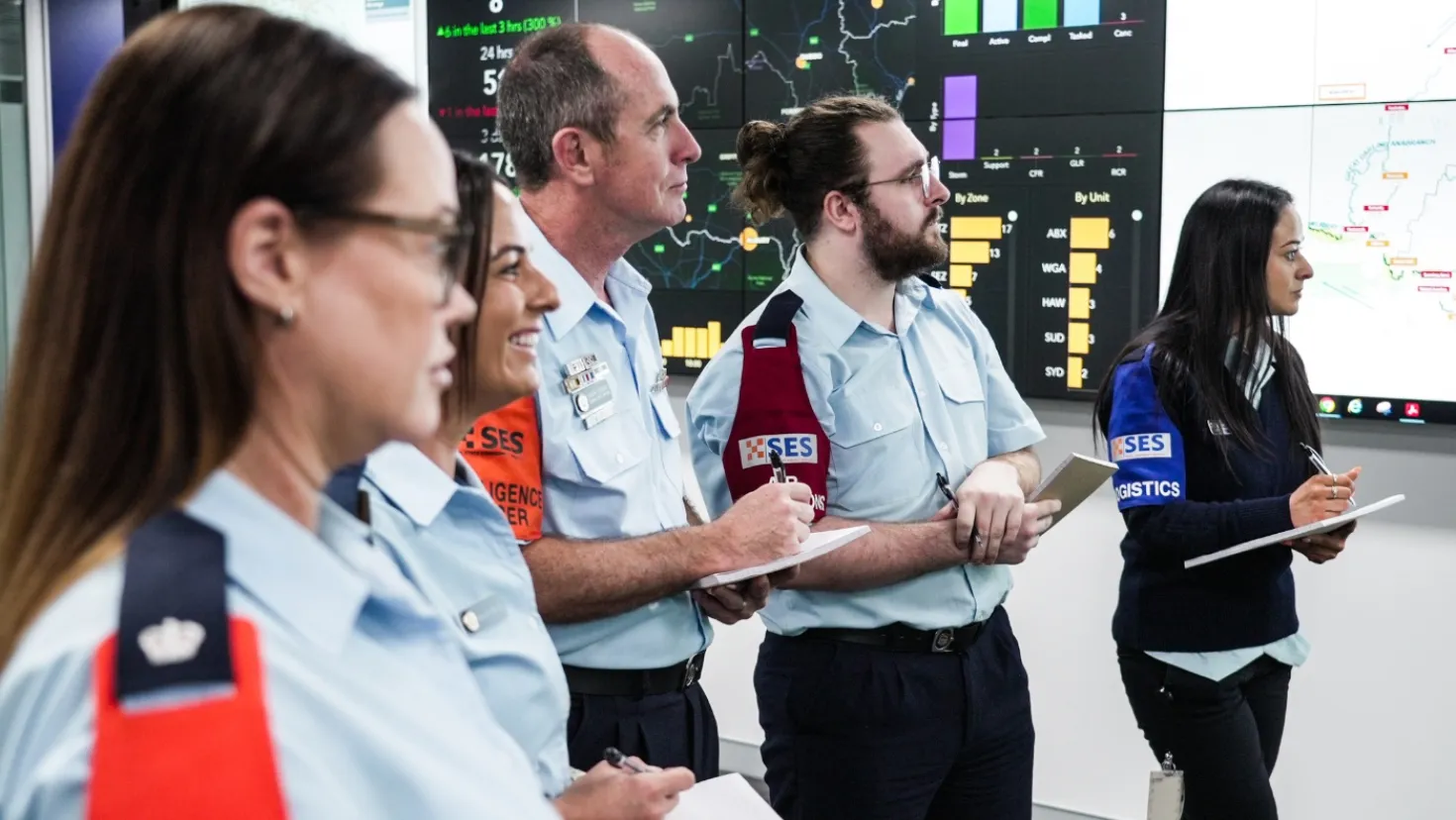 Incident Management Team standing in a line to look at the screen