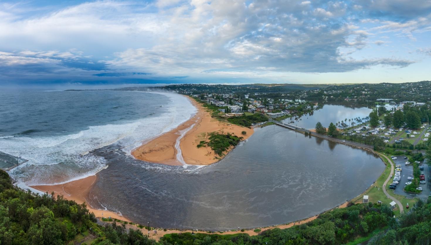 Flooded Narrabeen Lagoon in Narrabeen, NSW.