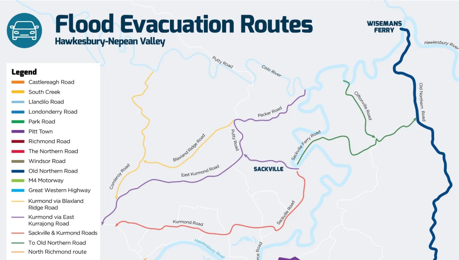 Flood evacuation routes map in the Hawkesbury-Nepean Valley area.