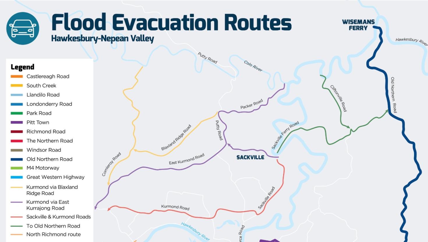 Flood evacuation routes map in the Hawkesbury-Nepean Valley area.