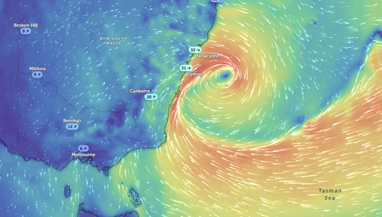 Damaging winds radar for 30 June, credit Zoom earth