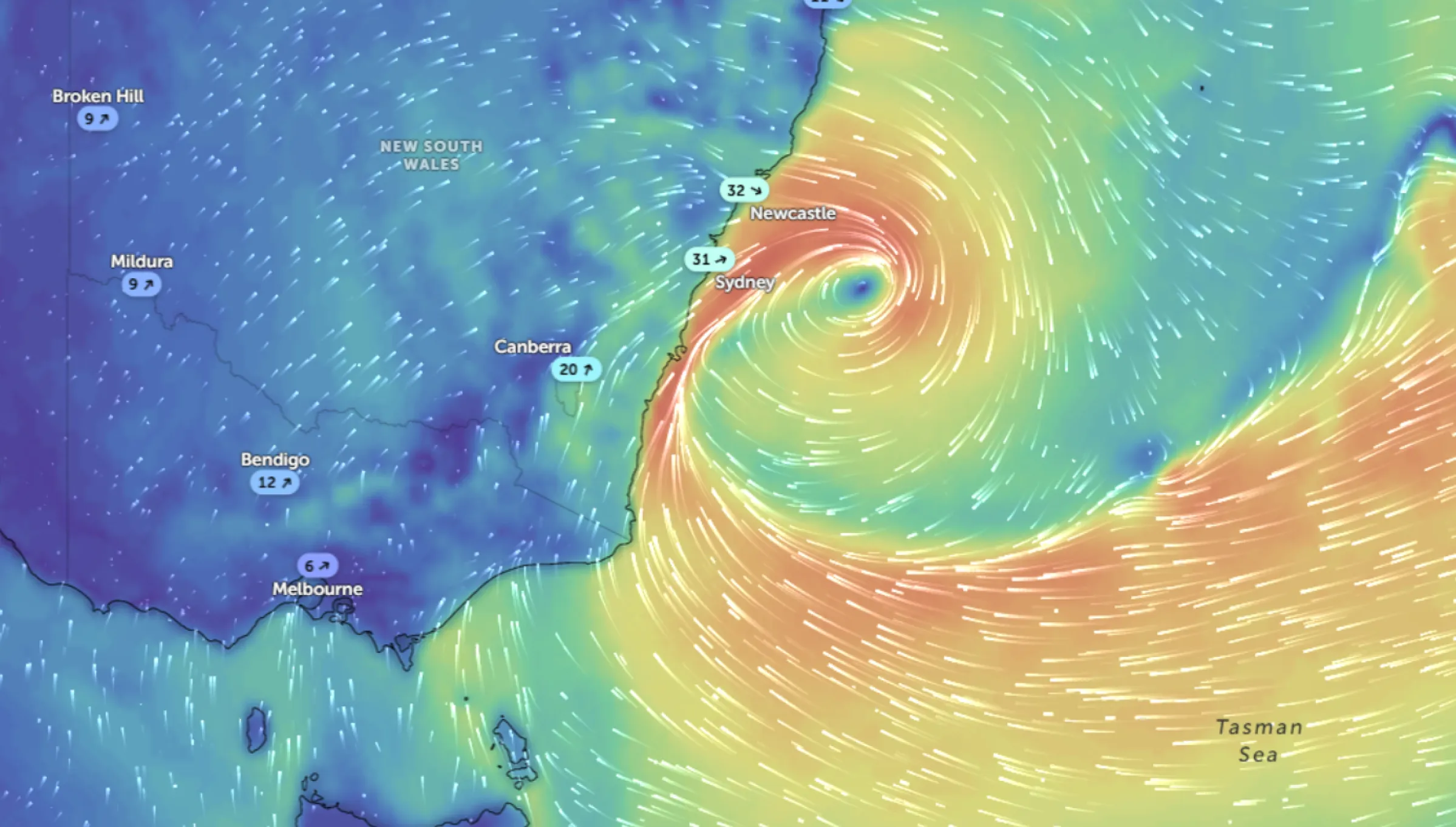 Damaging winds radar for 30 June, credit Zoom earth