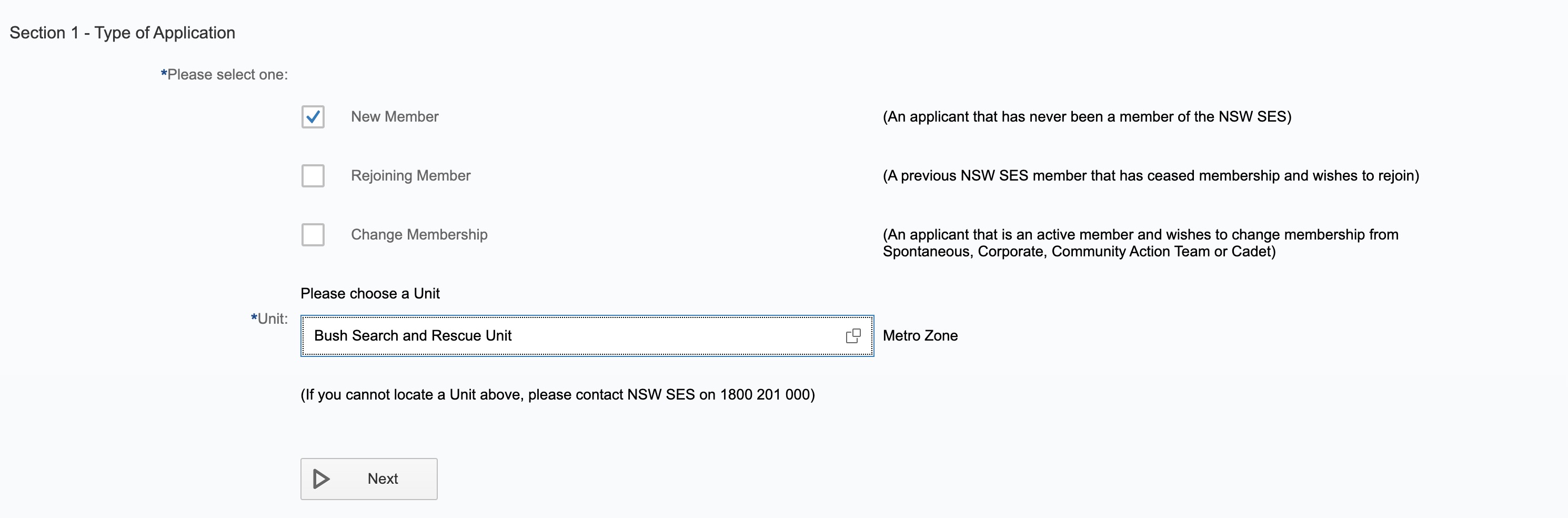Screenshot of the Application step for Bush search and rescure operator